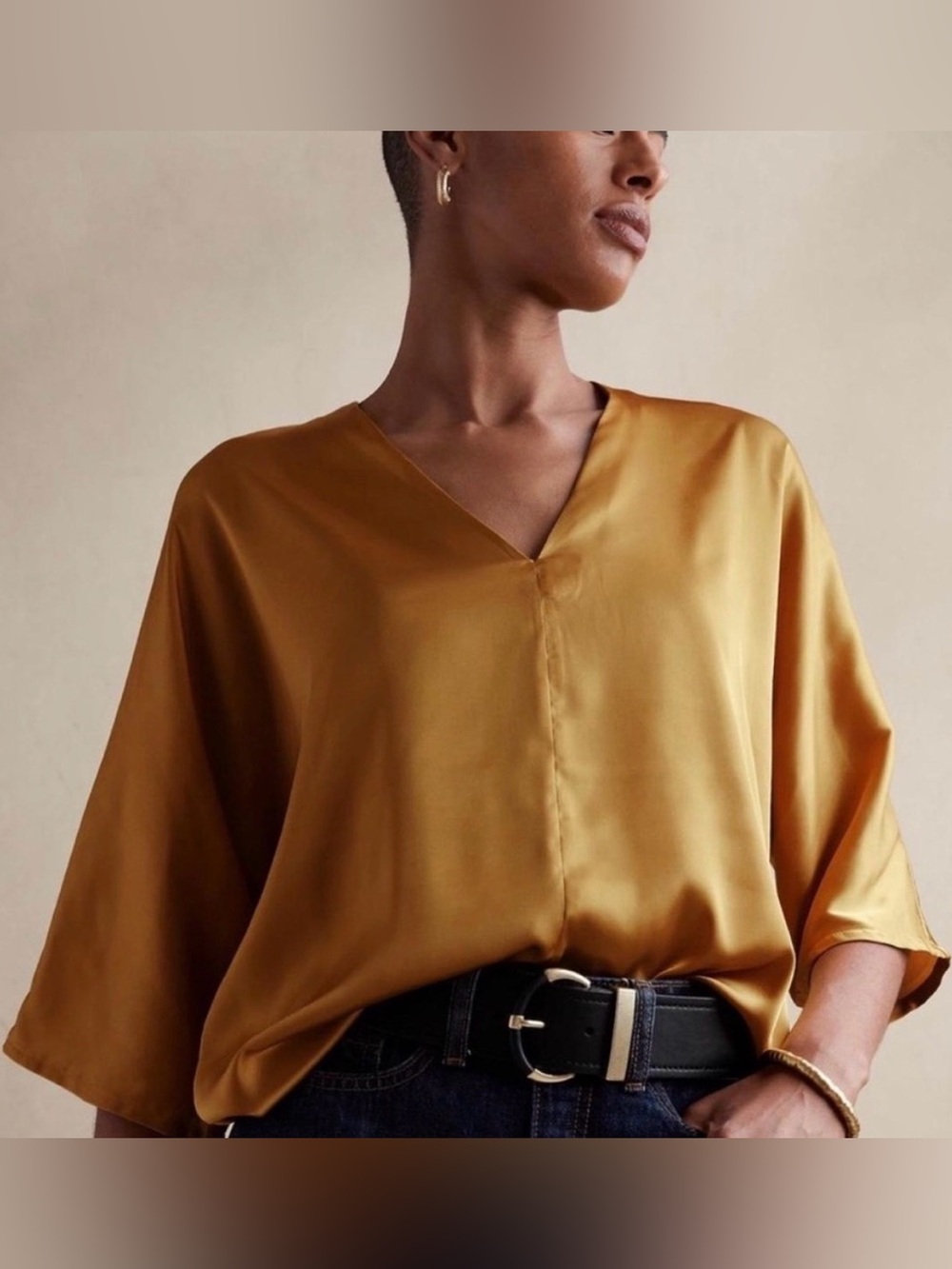 Banana Republic Dolman Gold Satin VNeck Blouse S Draped Minimalist Elegant Chic